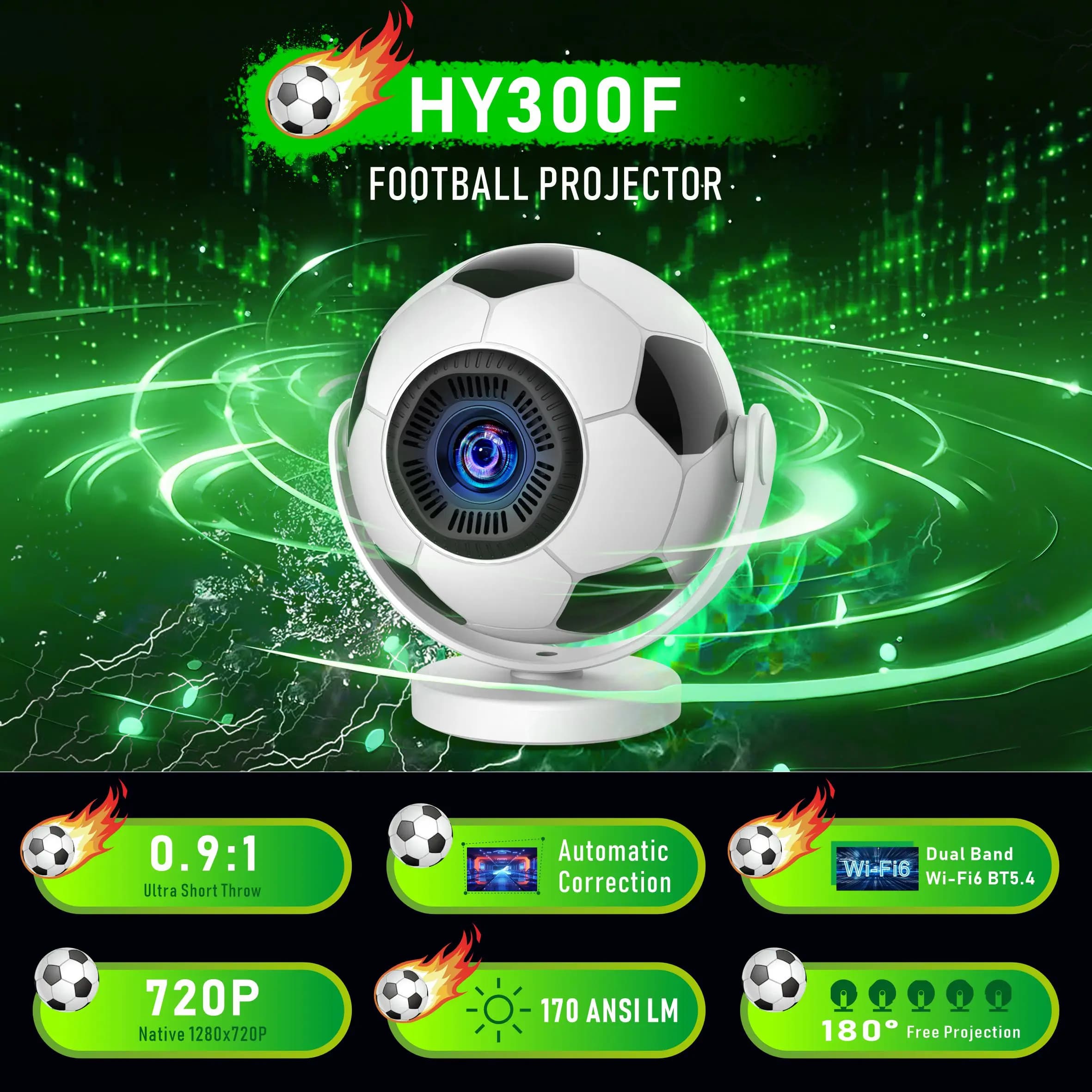 Mini Proiettore Android 14 HY300F con WIFI6 e BT5.4, Rotazione a 180° ° Proiettore Portatile da Esterno Rotante, Creativo Stile Pallone da Calcio, Smart Beamer