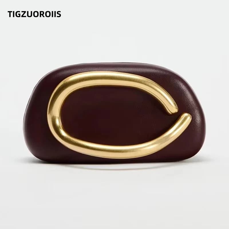 Pouch with Golden Metal Closing Box Evening Bag for Women Wedding Party Pretty Handbag Dark Red Beige 2025 Spring New Fashion