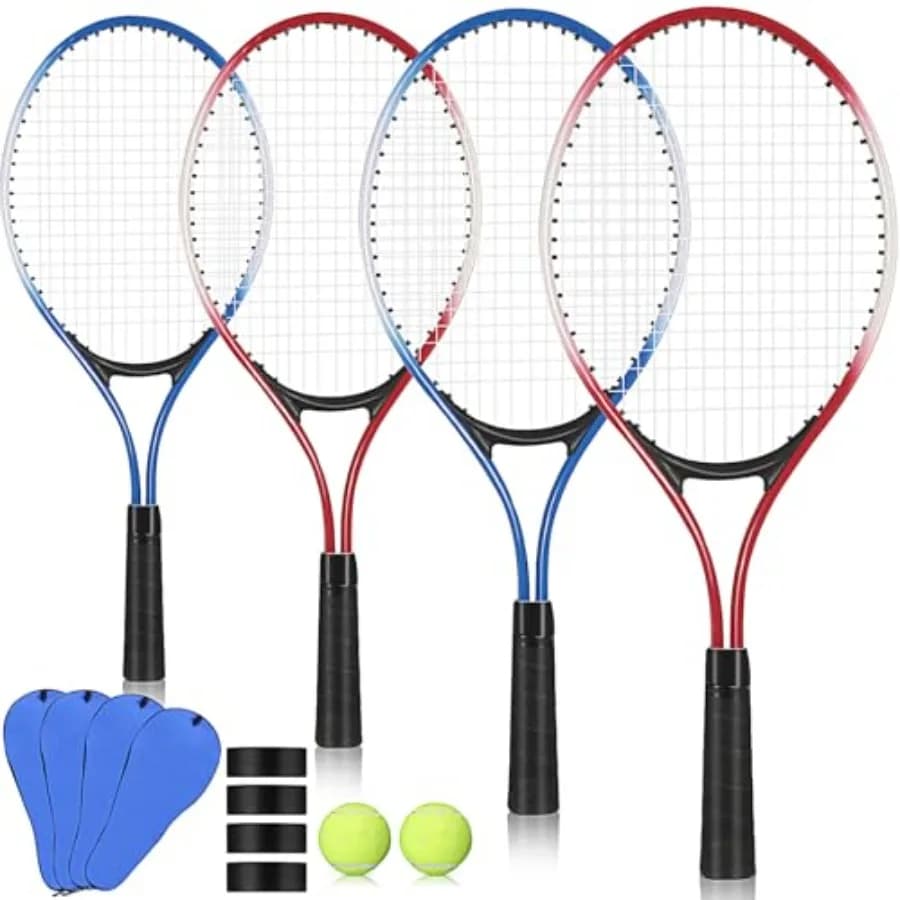 Set di 4 Racchette da Tennis Ricreative da 21 Pollici, Leggere, con Palline, Overgrip e Borsa per Allenamento Principianti