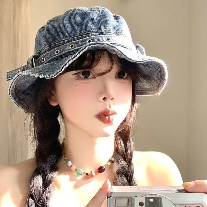 Women's Washed Denim Fisherman's Hat with Western-Style Belt—Flat-Top Sun Hat, Versatile and Stylish for Outings