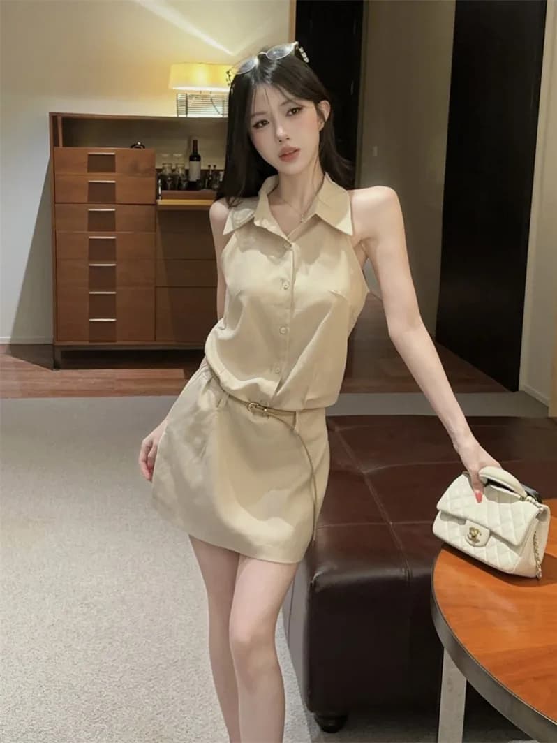 Retro Commuter Collar Sleeveless Shirt Dress Summer Design Slimming Short Skirt with Belt High Waist A-Line Dress