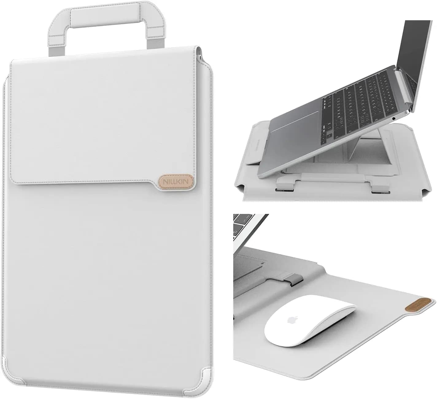 Custodia per laptop da 15-16 pollici aggiornata con supporto regolabile e tappetino per mouse, maniglia magnetica, in pelle PU, grigia