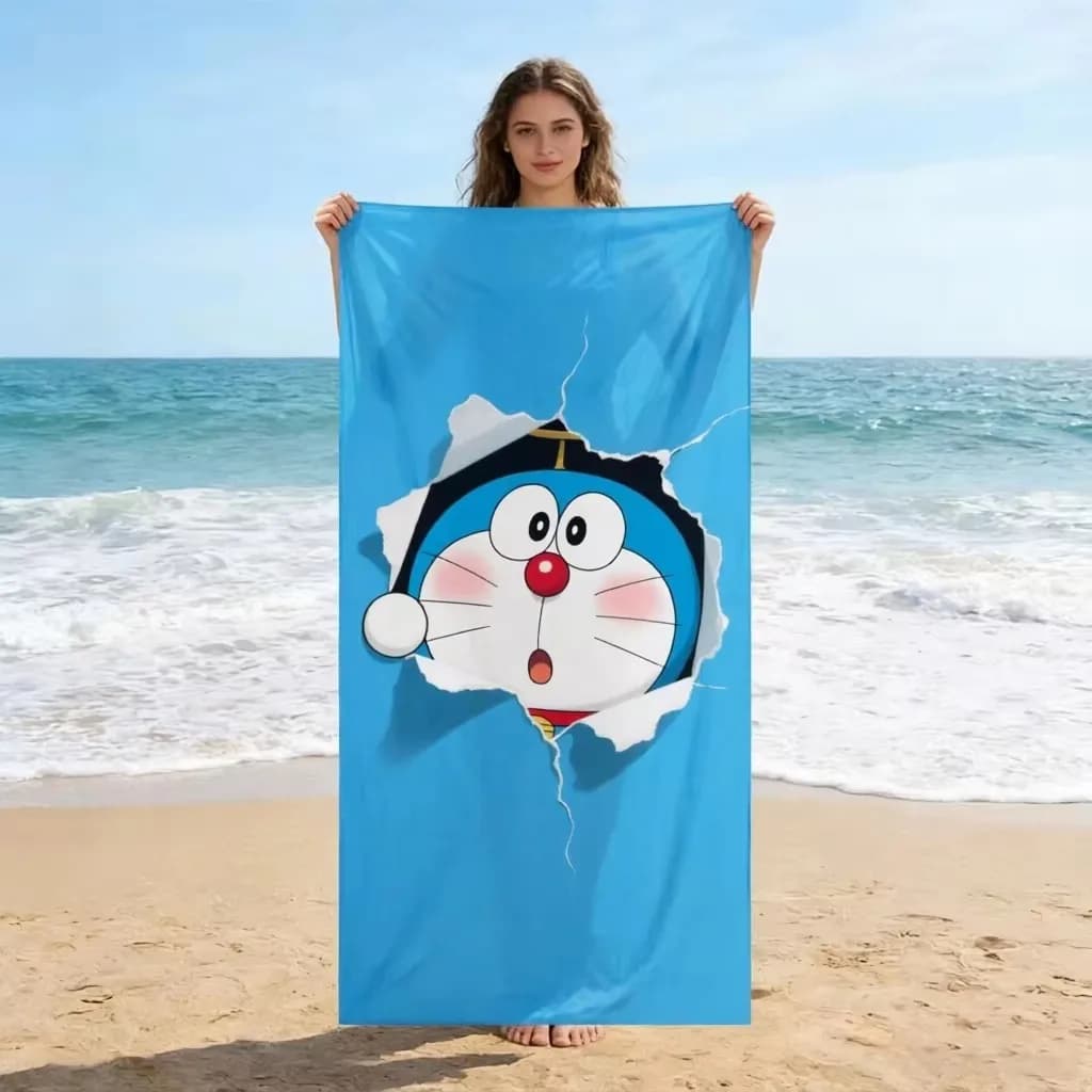 Doraemon Blue Solid Background Peeking Print Beach Towel Microfiber Quick Dry Sand Free Robot Cat Kids Anime Lovers