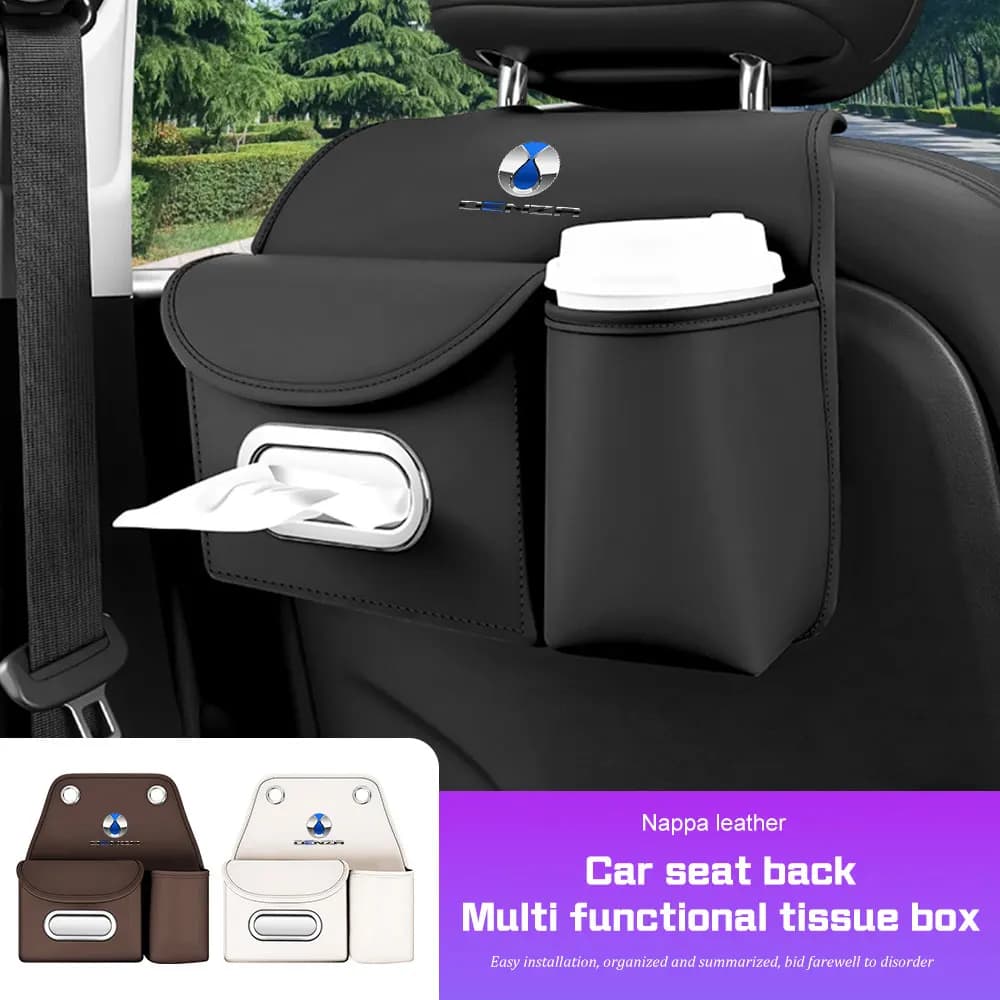 Leather Car Seat Back Storage Bag For Denza D9 Denza B5 B8 N9 Z9 GT N7 N8 X DMI Tissue Bag Organizer Cup Holder Box Accessories