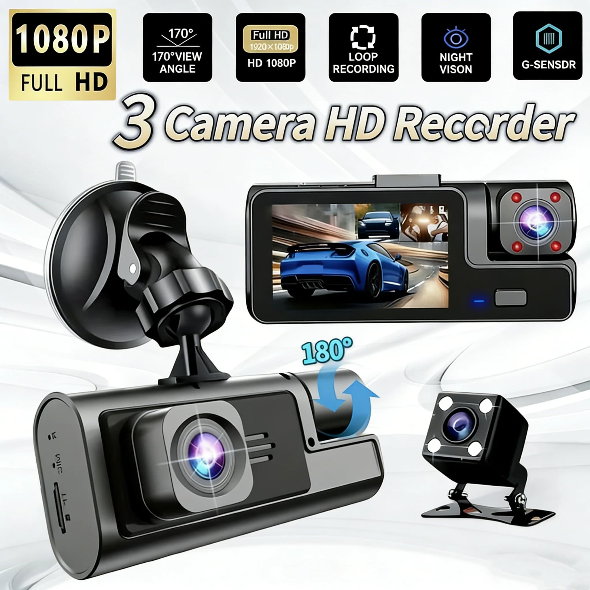 Dash cam to 3 objectives with high definition 1080P, night vision, front recording, internal and back, cell connection, without memory card.