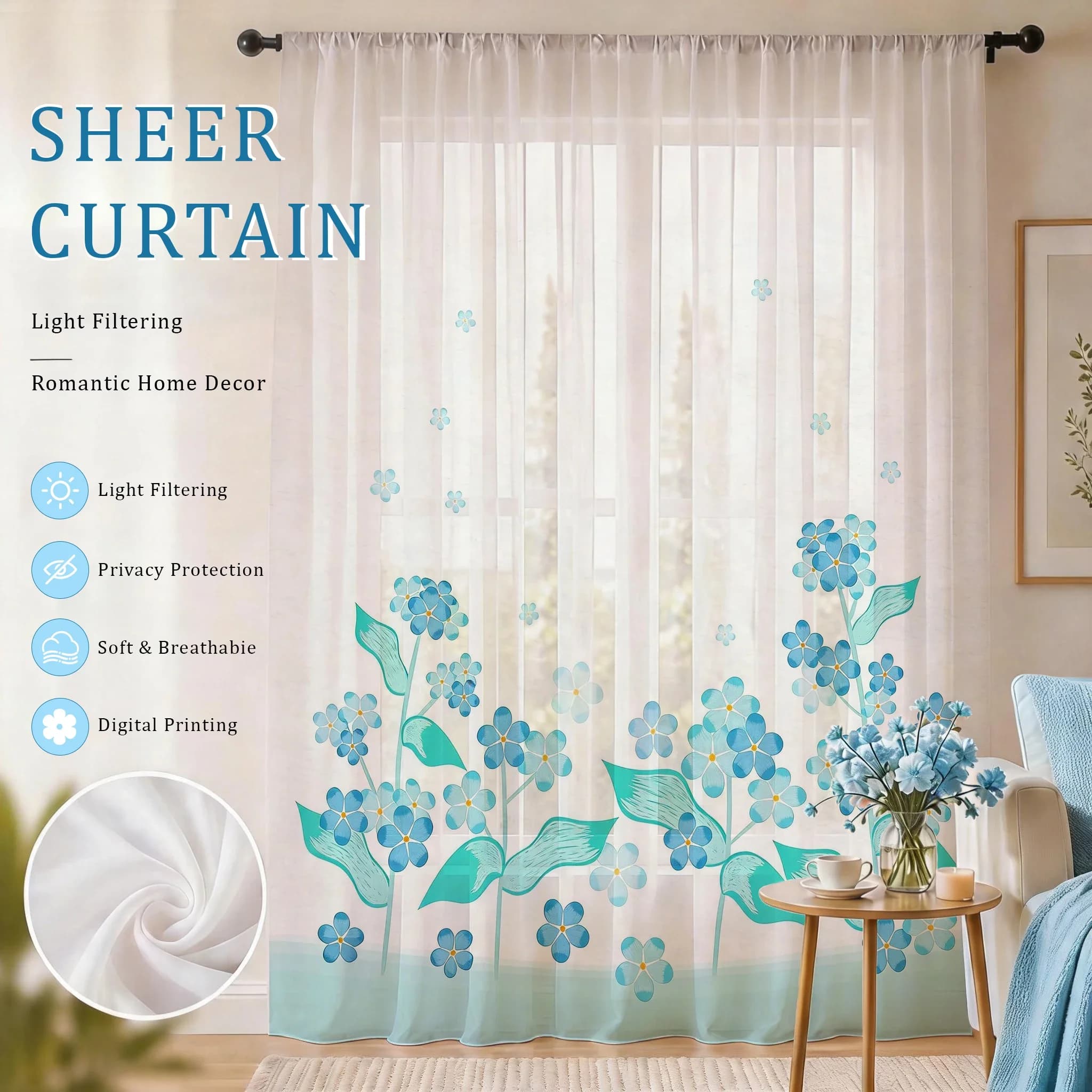 Light blue Modern Gradient Sheer Curtain, Good Quality Light Reducing Luxurious Privacy Voile for Living/Bedroom/Kids Room, Gift