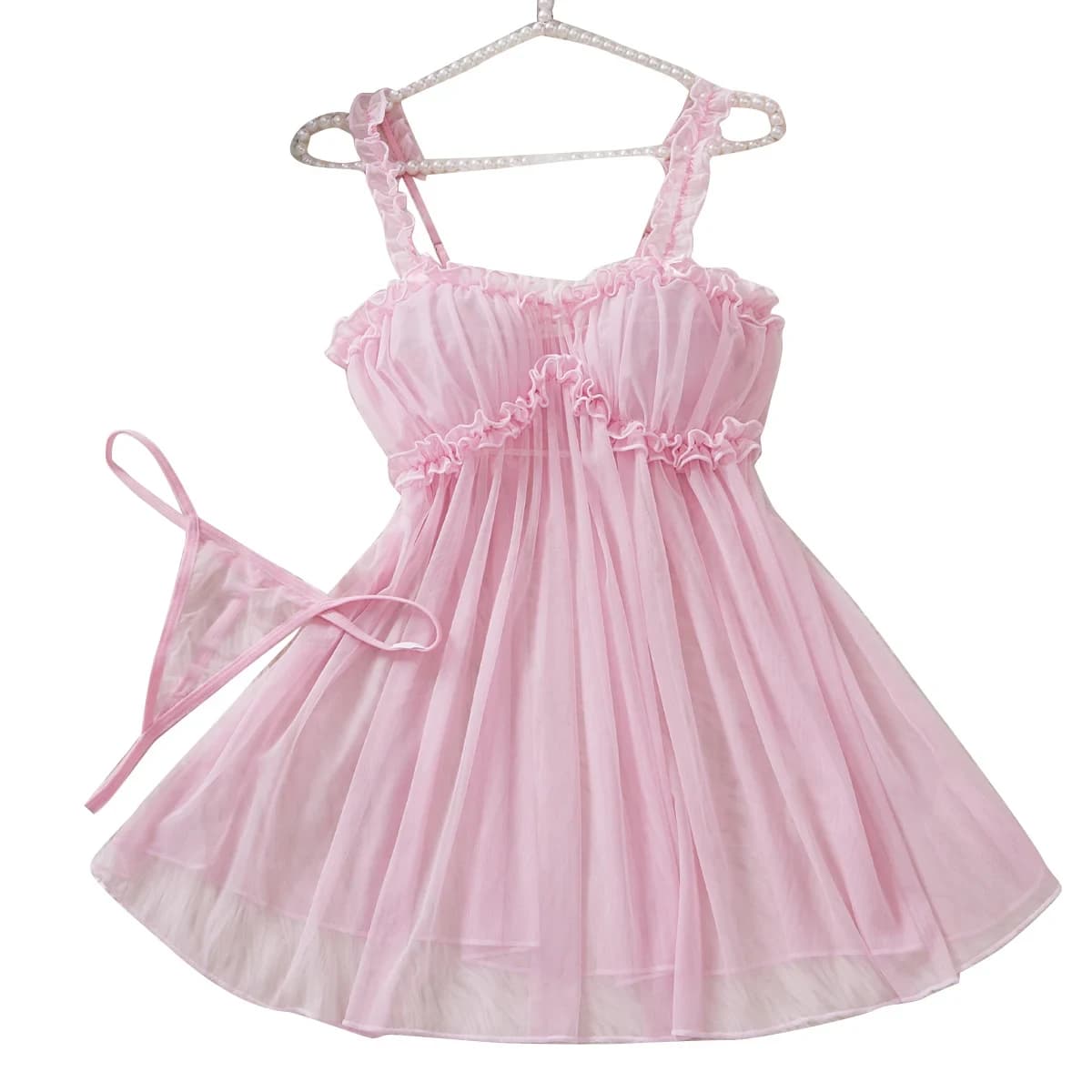 Women Mesh Nightdress Bow Pink Dress With Thong Underwear Valentine Day Gift
