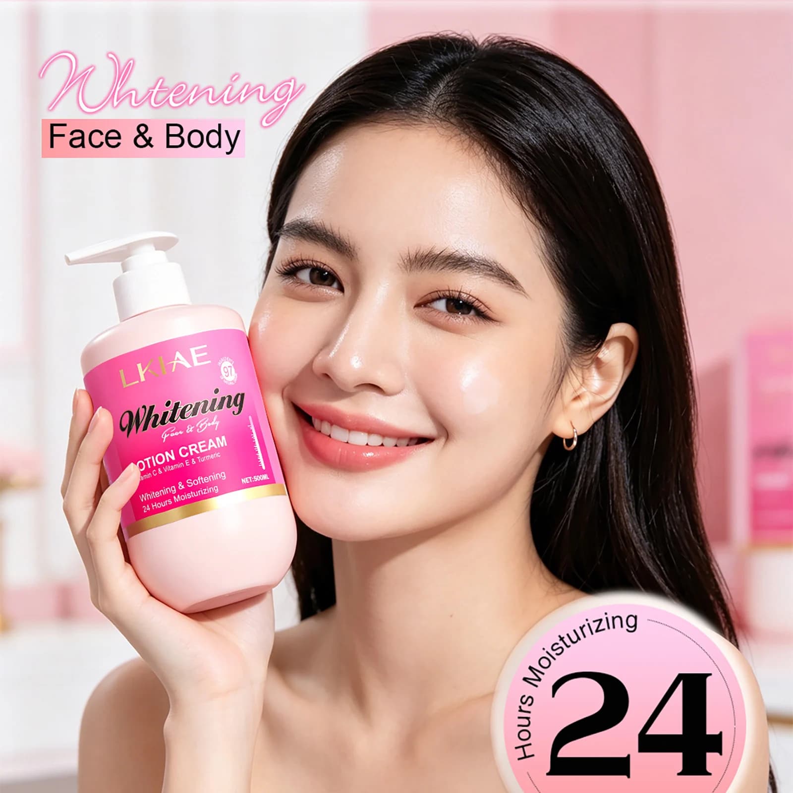 LKIAE Whtening Face Body Lotion Cream, Hydrating, Smooth Skin, With Lemon, Vitamin C, Turmeric, Fast Absorb, Non-Greasy, 500ml