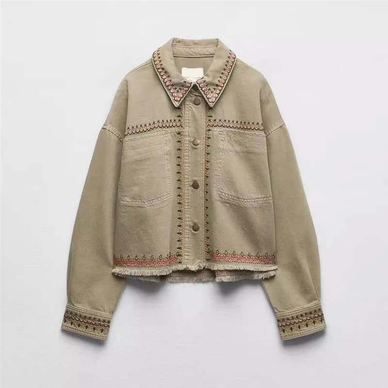 Autumn New Style Versatile Frayed Embroidery Decorative Quality Shirt Jacket Loose Fit Denim Fabric Long Sleeve Collar