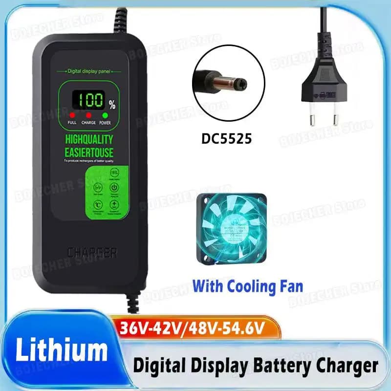 36V 42V / 48V 54.6V 2A 5A Digital Display Lithium Battery Charger Newly Upgraded Power Supply Adapters DC5525 With Fan EU Plug