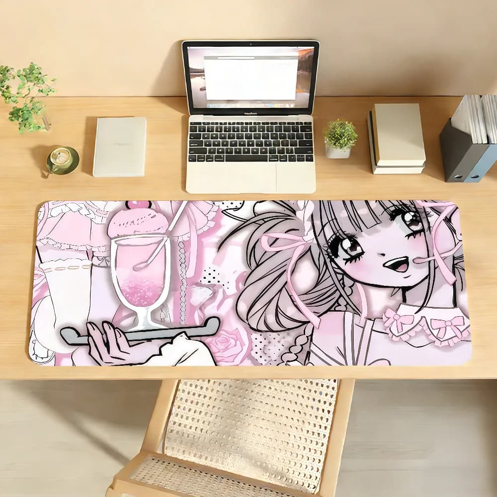 Tappetino per mouse da gaming, grande, antiscivolo con bordi cuciti, grazioso tappetino rosa con ragazza anime Lolita per giocatori PC e uso quotidiano in ufficio
