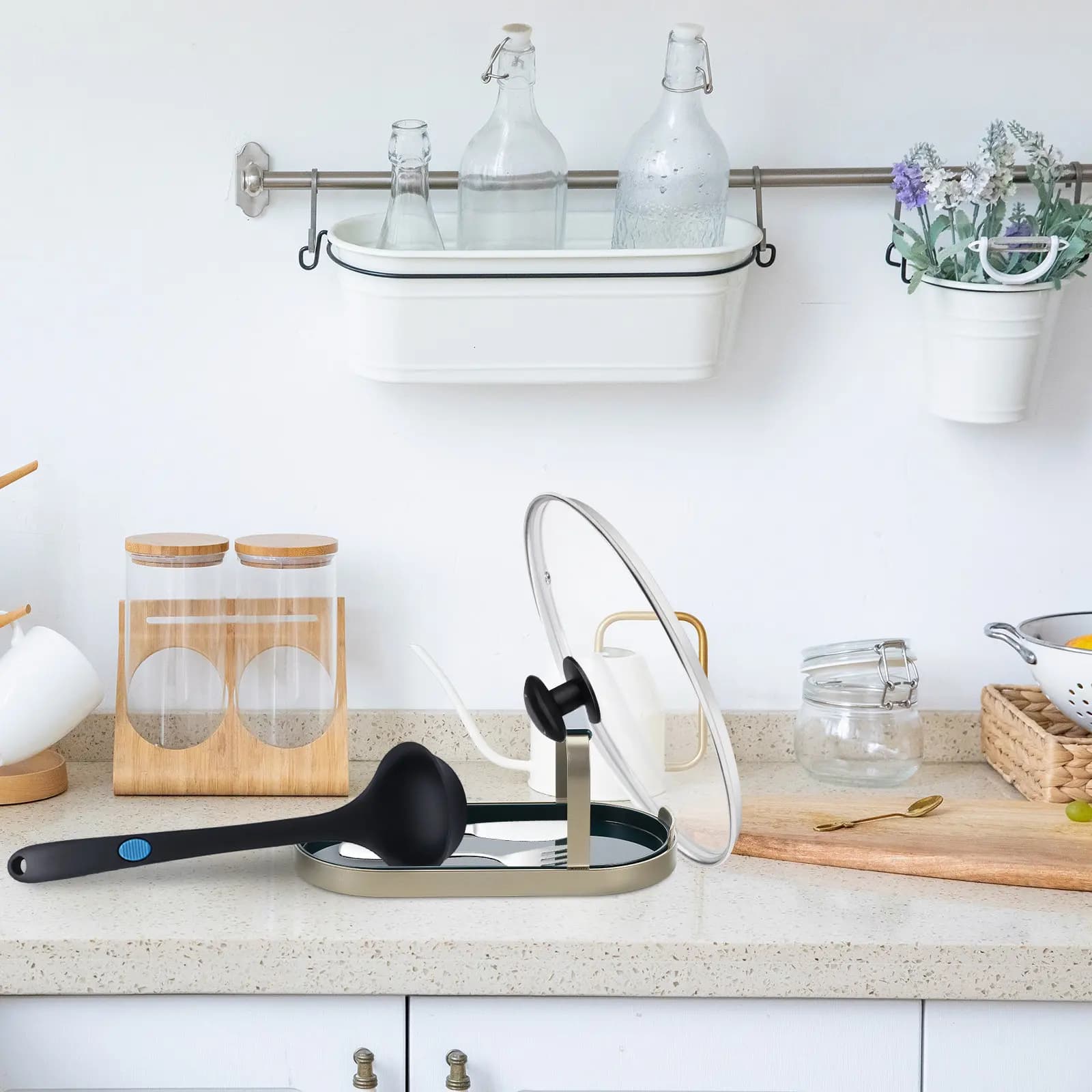 Supporto Moderno Salvaspazio per Utensili da Cucina, per Cucchiai, Mestoli, Bacchette e Taglieri, in Acciaio Inox Resistente