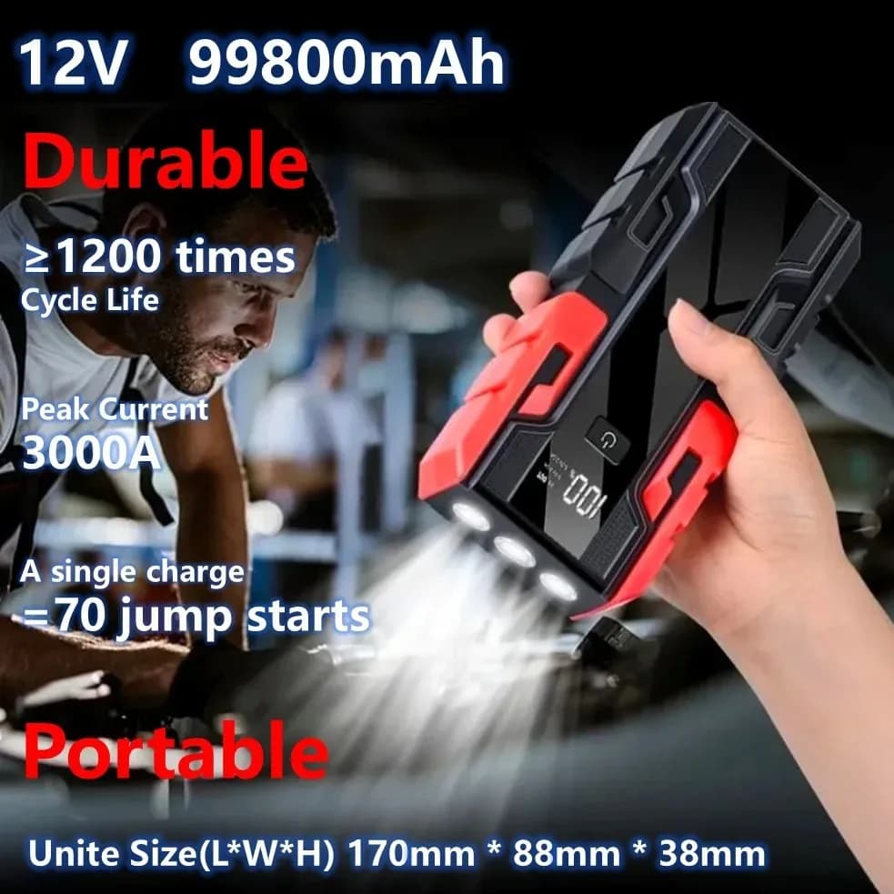 Nuovo Avviatore di Emergenza per Auto 12V 99800mAh 3000A, Avviatore Batteria Auto Portatile, Power Bank 12V, Dispositivo di Avviamento per Auto a Benzina e Diesel
