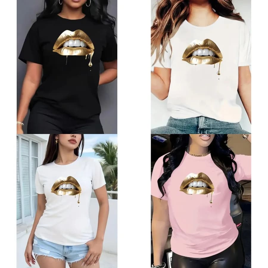 【Nuovo stile】T-shirt da donna a maniche corte con stampa motivo labbra dorate, comoda e casual, T-shirt da donna stampata, T-shirt da donna con motivo