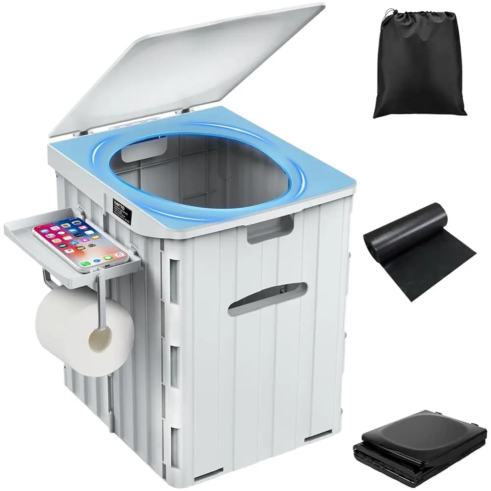 WC Portatile XL per Adulti, Toilette da Campeggio Pieghevole 15.4'' con Ripiano Staccabile per Telefono e Porta Carta Igienica, Impermeabile