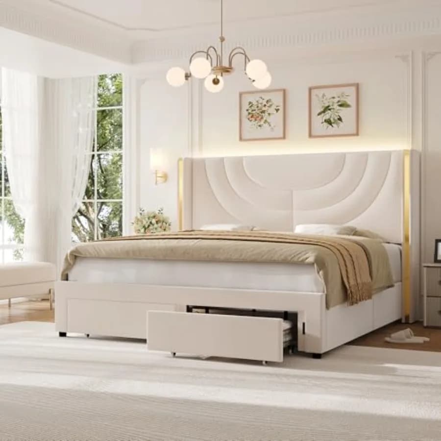 Letto a baldacchino LED Uped con 2 cassetti contenitore, letto in velluto con testiera Wingback, doghe in legno massello, non necessita di rete a molle, testiera