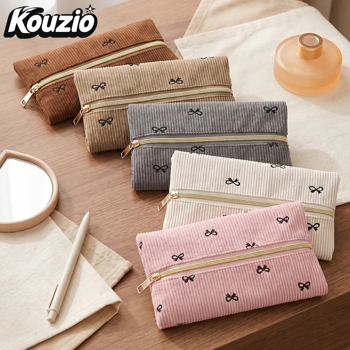 Bow Print Center Zipper Pencil Case, Large Capacity Pen Pouch, Stationery Organizer Bag, Portable School Supplies,Back to School