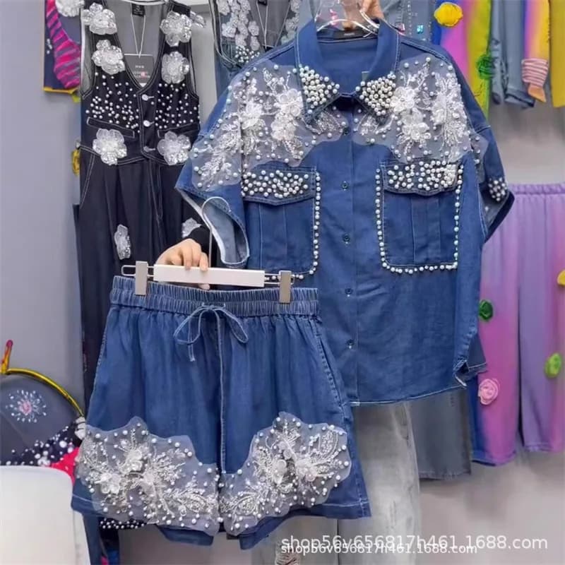 Women's Diamonds Beads Flowers Embroideries Jeans Shirts Cowboy Top + Elastic waist jeans shorts Set of 2 pieces