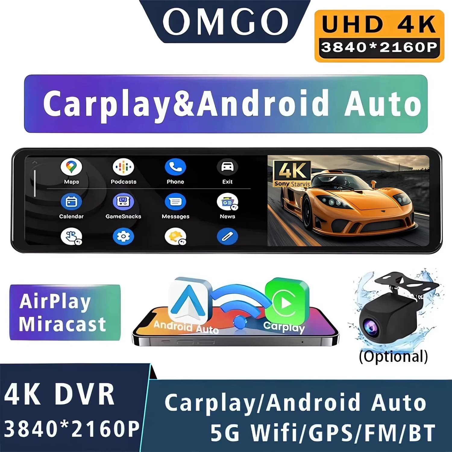11.26“ 4K Dash Cam Carplay Android-Auto Car DVR Dual Len 5G Wifi GPS BT FM Video Drive Recorder Stream Rear View Mirror Dashcam