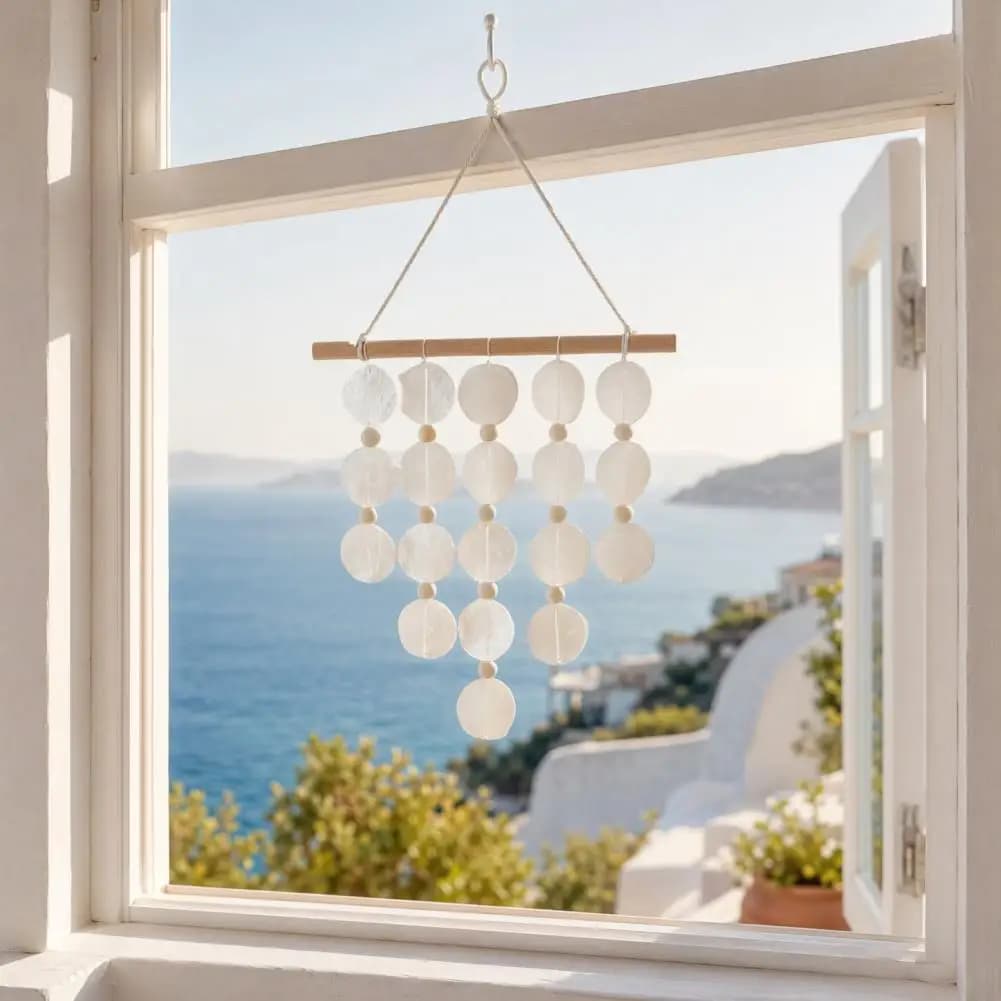 Natural Shell Wind Chime Handmade Natural Seashell Wind Chime with Retro Rope Knot Wooden Ring Tinkling Sound Coastal Hanging