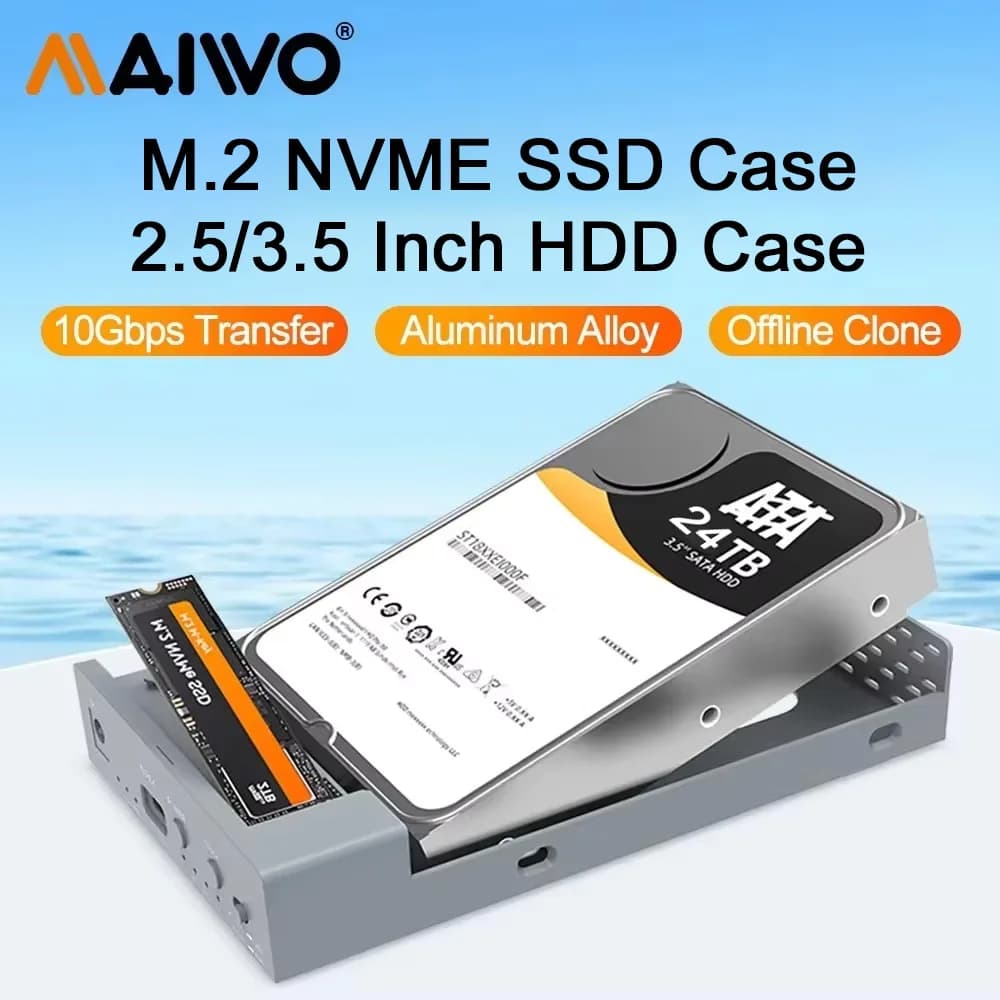 Custodia SSD MAIWO M.2 NVMe 10Gbps PCIe Custodia SSD M.2 portatile Custodia HDD di archiviazione esterna da 2,5 "3,5" per custodia USB C PC portatile