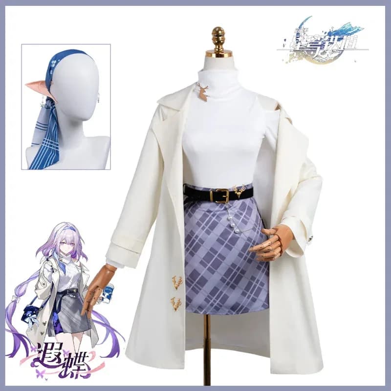 Anime Game Honkai：Star Rail Castorice Cosplay Costume White Trench Coat Grid Skirt Uniform Wig Woman Sexy Daily Leisure Suits;3'