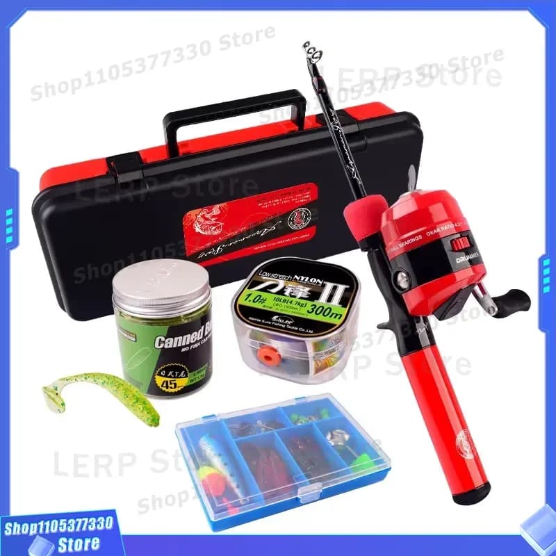 Portable Retractable Fishing Rod 1.2m 1.5m for Kids Teens with Rotary Reel and Tackle Box Gift Set Combination Fishing Gear