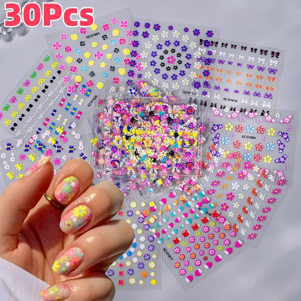 30 Pz/set Fiori Colorati 3D Unghie Artistiche Adesivi Carino Rosa/Cuore/Estrella/Arco Cursore Autoadesivo Semplice 6.5*5 cm FAI DA TE Decalcomanie per manicure