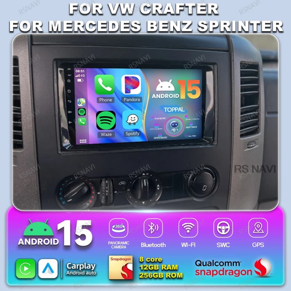 Car Radio Android 15 For VW Crafter For Mercedes Benz Sprinter Qualcomm 9/10 Inch Wireless Navigation RDS 8 Core 5G WIFI NO 2DIN