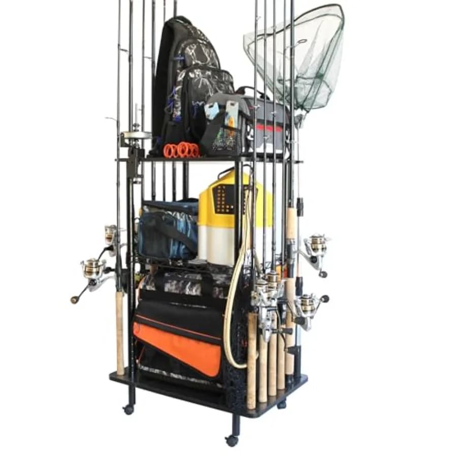 Portacanne da Pesca per Garage - Supporto per 12 Canne e Mulinelli - Organizzatore Mobile per Garage o Capanno per una Conservazione Efficiente