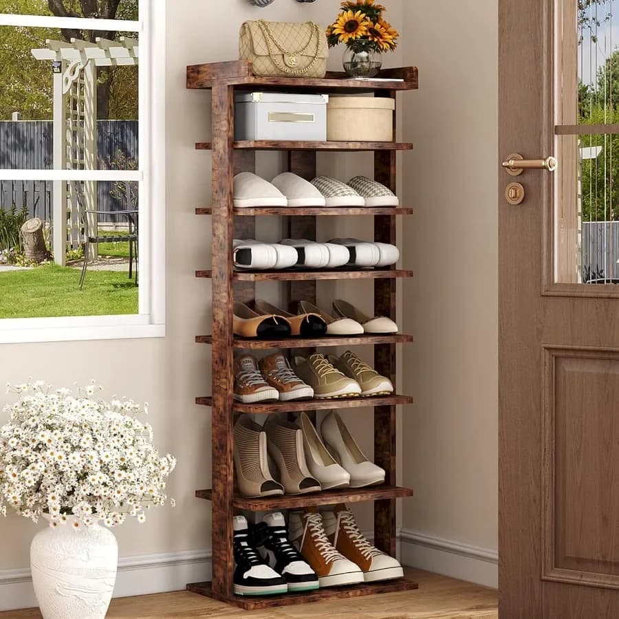 Scarpiera in legno a 7 livelli Scaffale per scarpe a doppia fila Supporto per riporre scarpe Torre per scarpe da ingresso Organizzatore di scarpe verticale per armadio stretto En