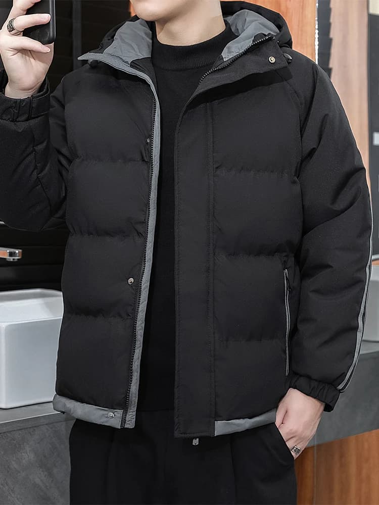 Men's Thickened down Cotton Jacket Winter Warm Hooded Coat Youth Fashion Anti-Cold Breathable Long Sleeve Zipper Closure Coat