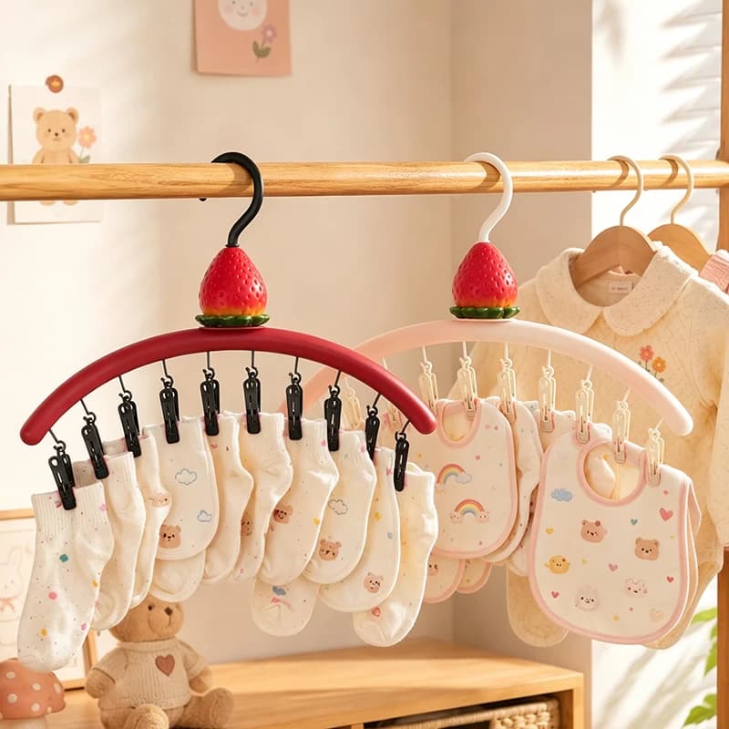 Cute Strawberry Multi‑Clip Clothes Hanger Resin Sock Drying Rack Underwear Holder for Balcony Bedroom Laundry Storage Decor