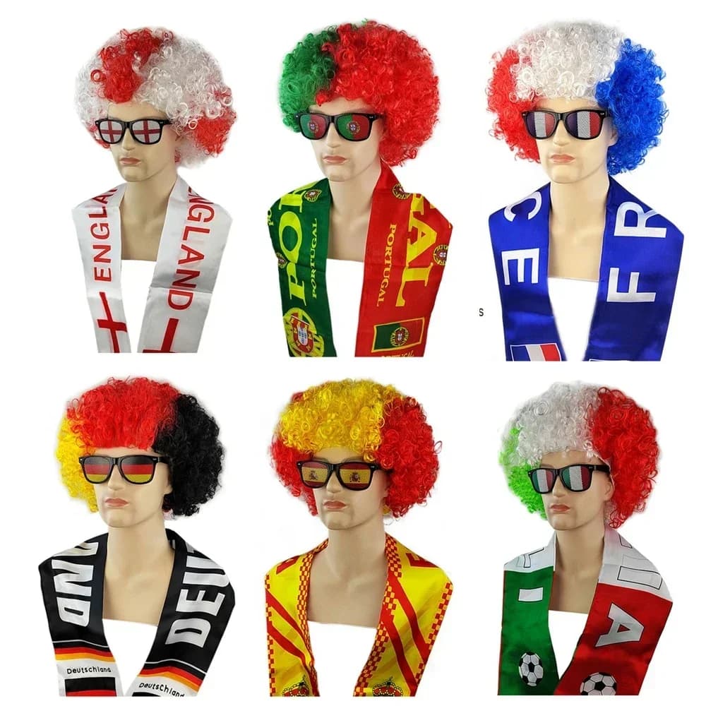 Nuovi Set di Costumi per Partite di Calcio della Squadra Nazionale, Parrucca Colorata Ricciola, Occhiali con Bandiera, Accessori Divertenti per Tifosi e Feste