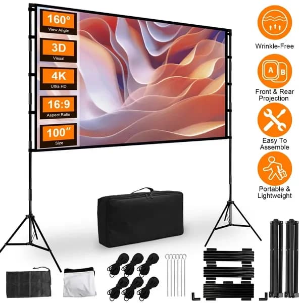 Schermo per Proiettore con Supporto, Opzioni da 100/120 Pollici, 16:9 4K HD, Senza Pieghe, Portatile, per Proiezione Frontale e Posteriore