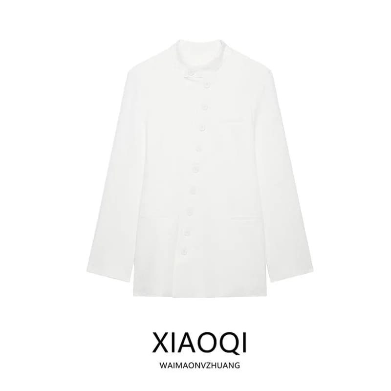 Giacca da Completo Donna Primavera Estate 2026 a Maniche Lunghe con Collo Alto e Doppio Bottone, Stile Commuter, Design alla Moda, Capo Spalla