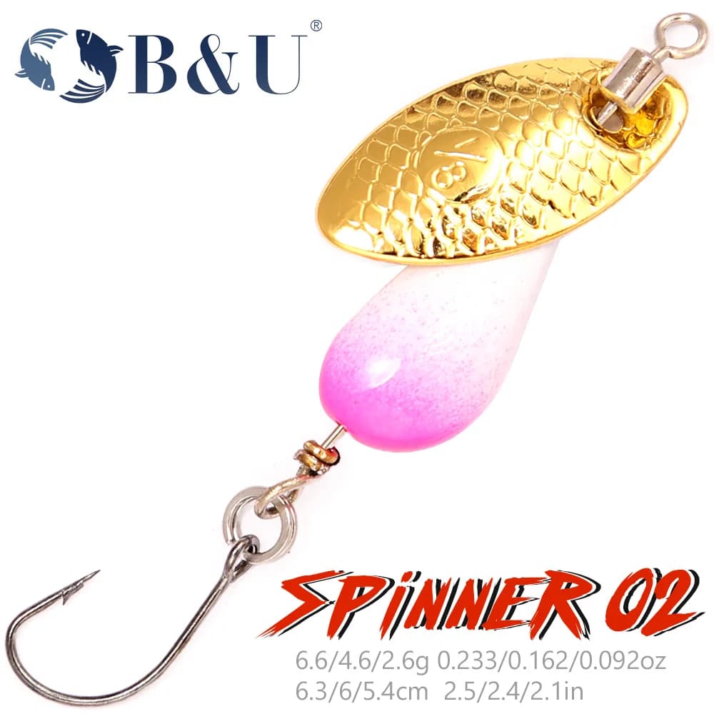 B&U Spiiner Esca Esca dura in metallo Rotante Spinner Trota Richiamo Richiamo di pesca Cucchiaio Paillettes Wobblers Bass Pesca con ganci di piume
