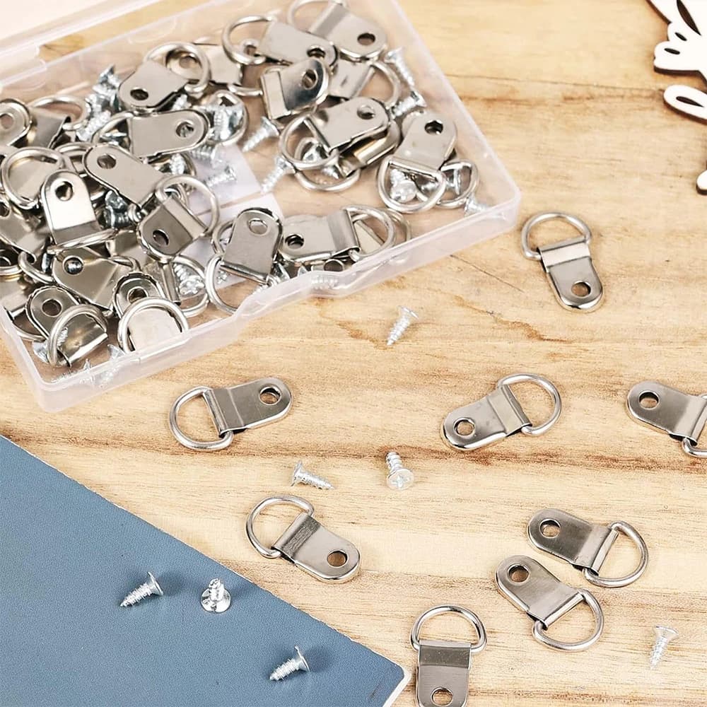 Set da 50 Ganci a D in Acciaio Inossidabile per Appendere Quadri, Ganci a Foro Singolo con Viti per Cornici e Opere d'Arte da Parete