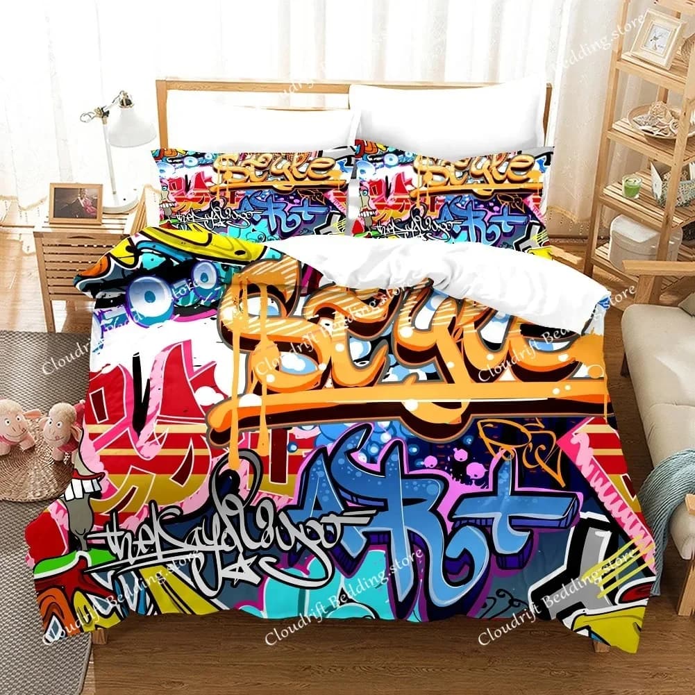 Set di biancheria da letto con copripiumino e federa stampati in 3D in stile cartone animato Hip-Hop Graffiti, kit letto per decorazioni per la camera da letto degli adolescenti, Single_Queen Size0