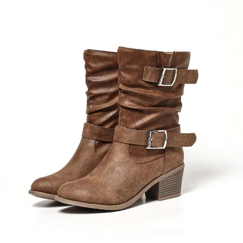 Women Boots Brown Leather Casual Boot Fashion Pleated Stacked Designer Boots Metal Buckle Thick Heel Boot Mid-calf Western Boots