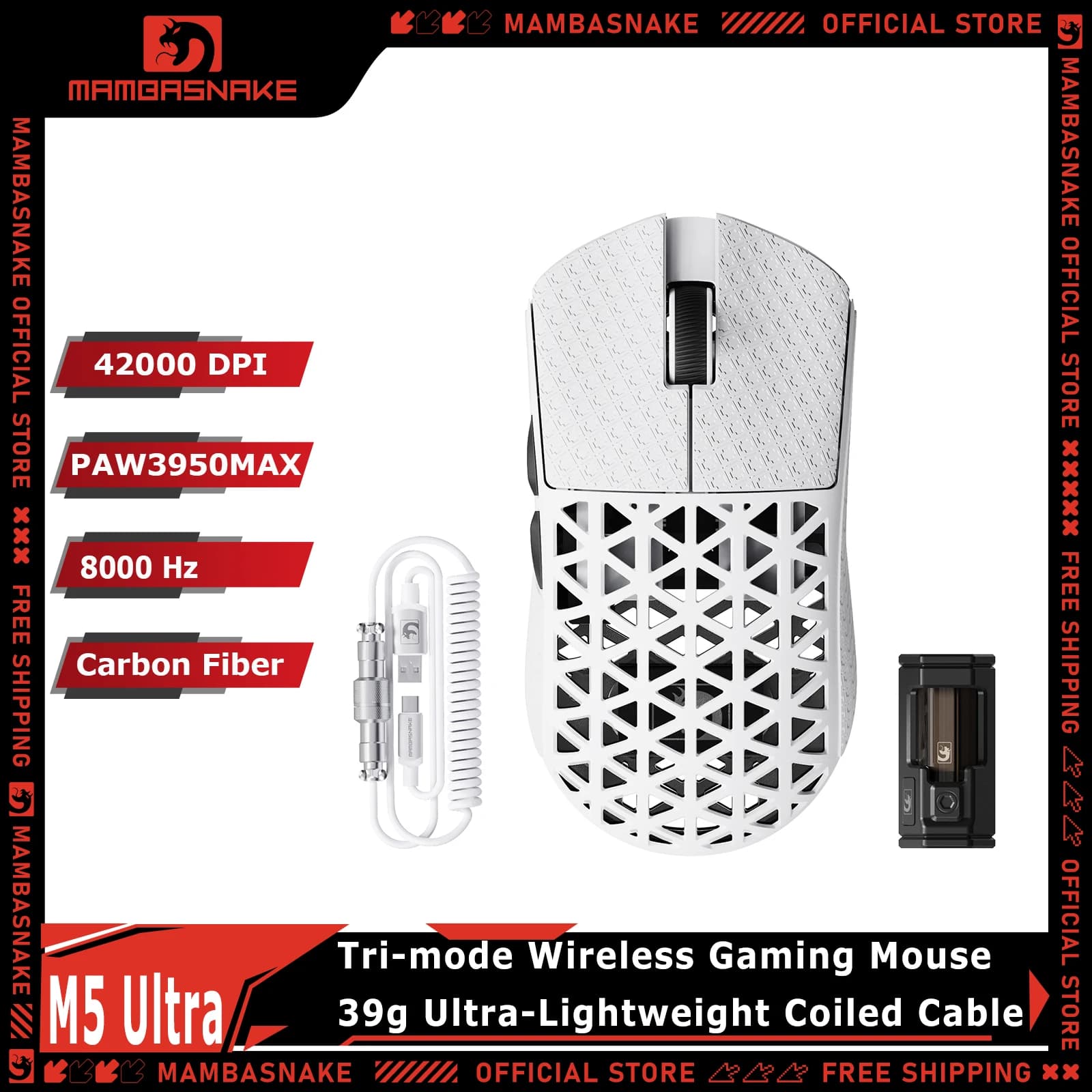 Mouse da Gaming Wireless MAMBASNAKE M5 Ultra in Fibra di Carbonio, 8000Hz, Superleggero 39g, Sensore PAW3950MAX 42000DPI, Cavo Avvolgibile per PC/Mac