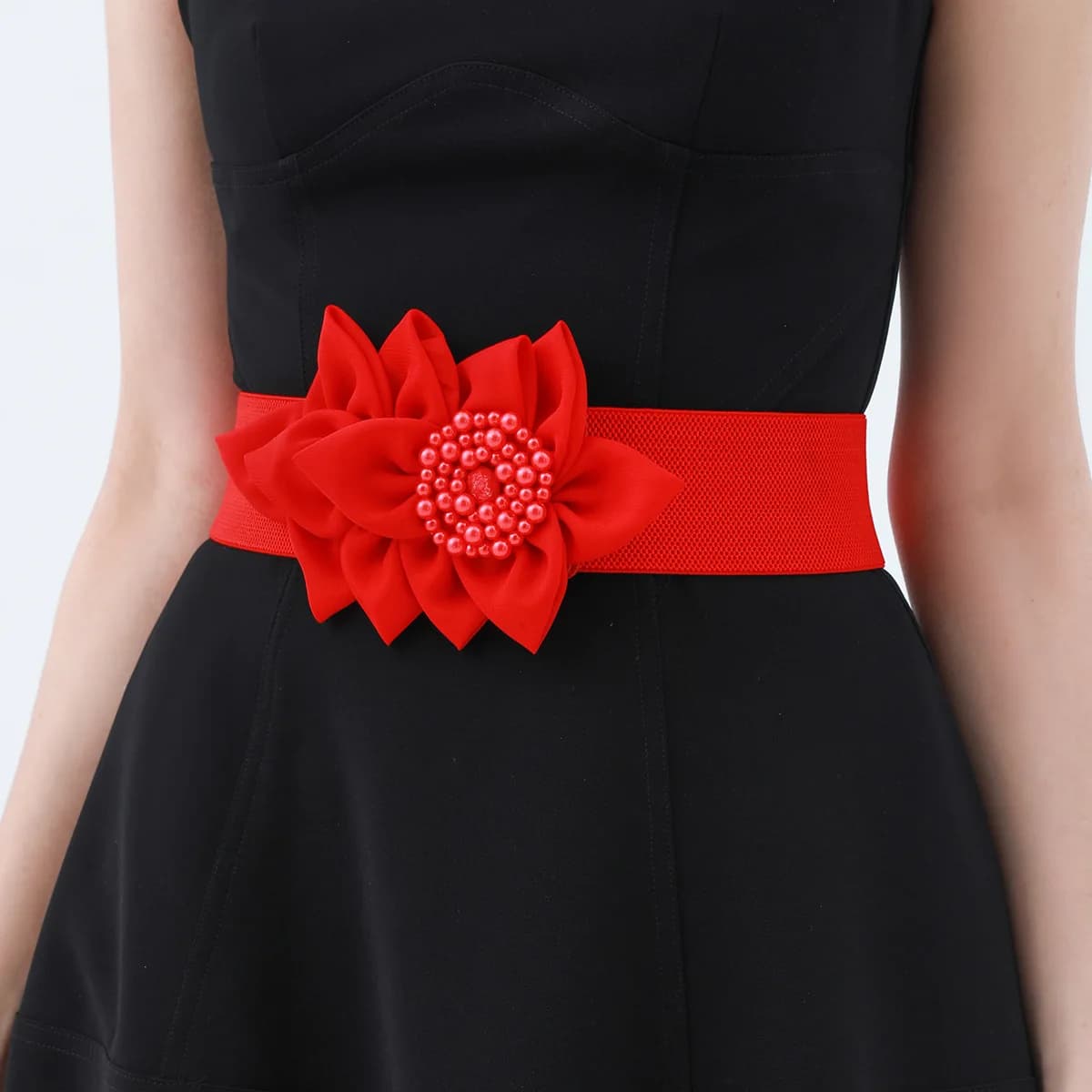 New women's elastic elastic belt with red large floral decoration belt fashionable versatile wide waist bag