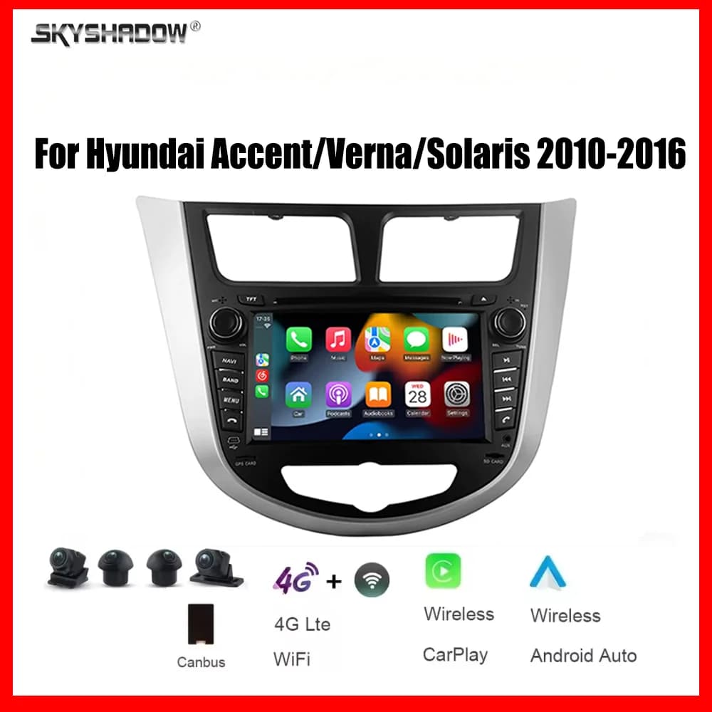 Autoradio multimediale per auto da 7 pollici con CarPlay Android 15, 8 core, 12G+256G, navigatore GPS per Hyundai Accent/Verna/Solaris 2010-2016