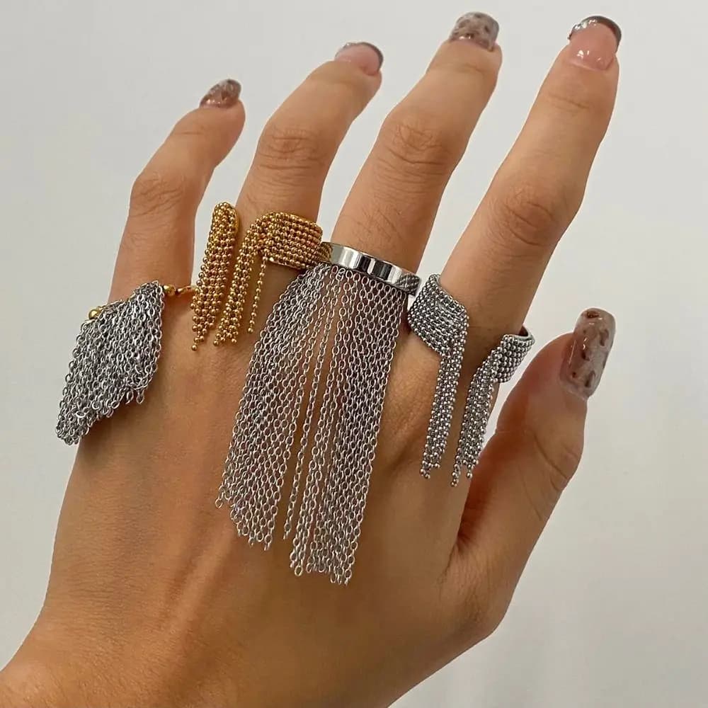 18K Gold Tassel Chain Ring Gold Color Silver Color Geometric Ring Stainless Steel Tassel Embellishments Wide Ring Women Fashion