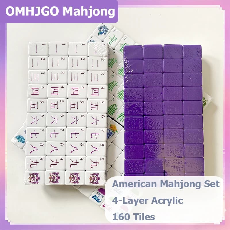 OMHJGO Set Mahjong Americano in Acrilico Viola Scuro a 4 Strati, 160 Tessere, Portatile, Regalo Sorpresa per Giochi da Tavolo