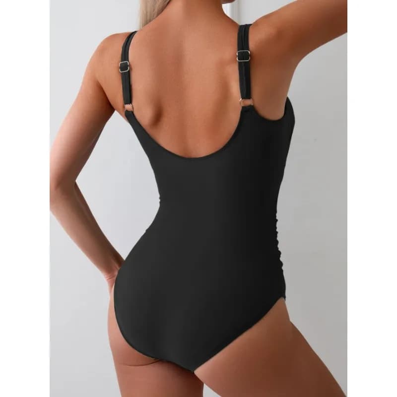Women's Tummy Control Slim Fit Cut Out Lace Up Sleeveless Solid Color Tankini Swimsuit with Ruched Waist and High Waisted