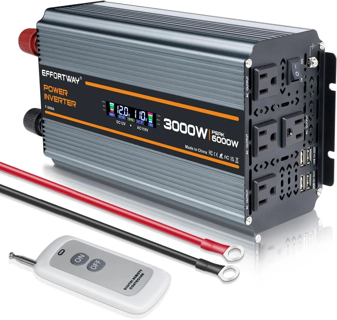 Inverter di Potenza 3000 Watt da DC 12V a AC 110V/120V, 6000W di Picco. Con Display LCD, Telecomando Wireless, 4 Prese AC, 4
