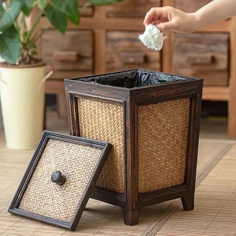 Haven Retro Antique Wooden Trash Can Solid Wood Rattan Living Room Tea Room Household Chinese Kitchen Waste Bin with Lid