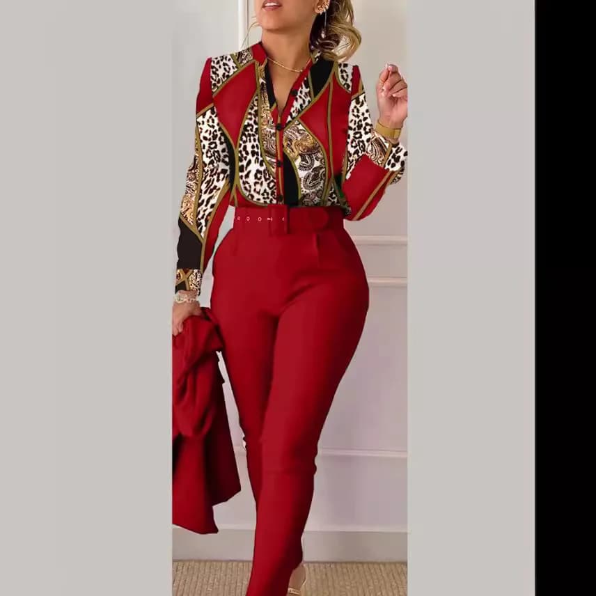 Women's Fashion Printed Turn Down Collar Shirt High Waist Pants Two Piece Set Elegant Slimming Comfort All match Commute Outfit