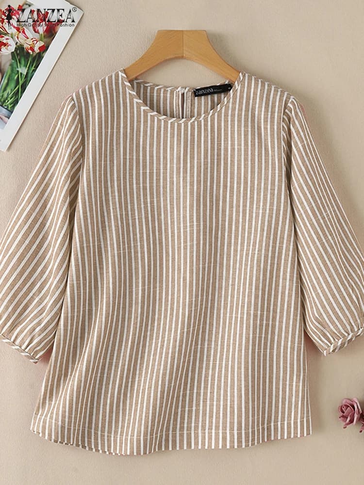 2024 ZANZEA Vintage Camicetta da donna Autunno O Collo Manica 3/4 Top a righe Casual Allentato Blusas Mujer Camicia da lavoro di moda Chemise